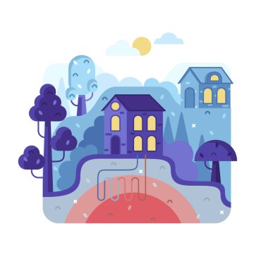 Alternatif jeotermal enerjiye sahip eko ev - düz stil vektör çizimi beyaz arkaplanda izole