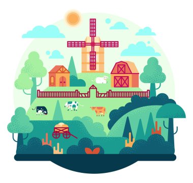 Güzel kırsal alan - çiftlik, köy, değirmen, otlayan inekler, bulutlar, ağaçlar - vektör karikatür çizimi