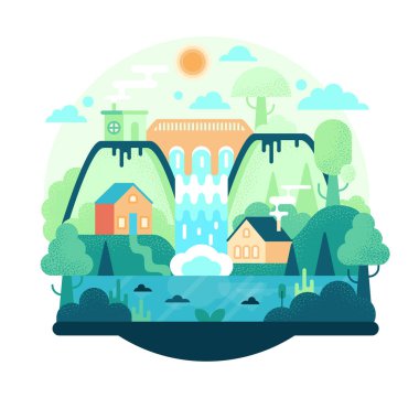 Çizgi filmlerdeki gibi düz bir çizim, hidroelektrik santrali, su türbinli baraj, evler, dağlar, orman ve şelale. Çevre dostu güç tasarımı kavramı için arka plan.