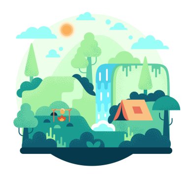 Ağaçlar, tepeler, şelale ve bulutlarla düz bir çizgi film çizimi. Yaz kampı için arka plan, doğa turizmi, kamp ya da yürüyüş tasarımı konsepti