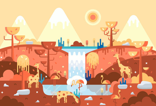 Плоская иллюстрация мультфильма - жираф и розовые фламинго на озере, африканский пейзаж