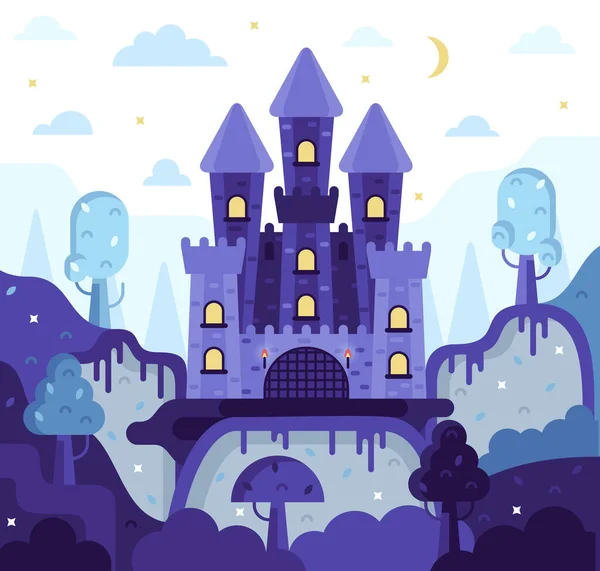 Castillo de cuento de hadas en la montaña, luna y estrellas por encima, árboles y colinas por debajo - ilustración de dibujos animados vectoriales — Vector de stock