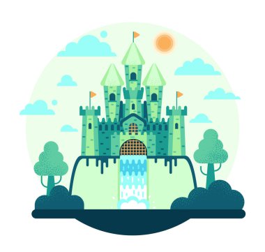 Arka planda muhteşem bir peri masalı şatosu - düz çizgi filmdeki vektör illüstrasyonu