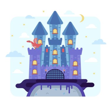 Vector cartoon illustration castle on the rock and the red dragon - night fairy tale picture