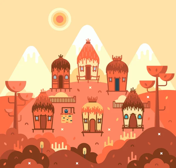 Соломенные дома на сваях - векторная иллюстрация в плоском стиле мультфильмов — стоковый вектор