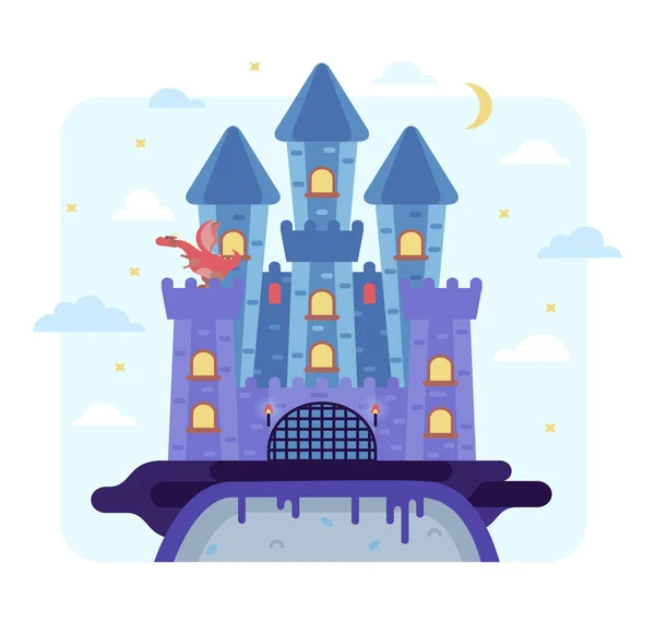 Vector cartoon illustration castle on the rock and the red dragon - night fairy tale picture — Stok Vektör