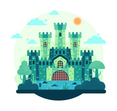 Askeri kale gölün üzerinde duruyor - düz çizgi film stile vektör illüstrasyon