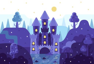 Dağdaki vektör çizgi roman şatosu - 2D illüstrasyon