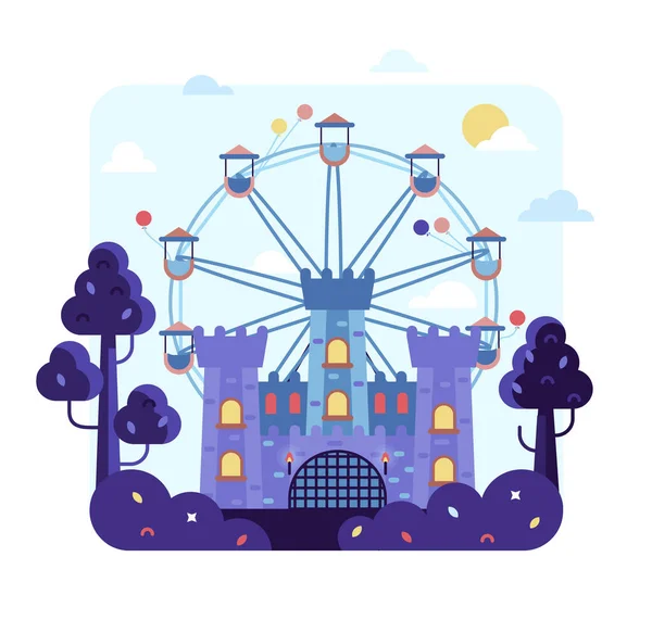 Illustration vectorielle de dessin animé plat avec rotation de la roue ferris - Parc d'attractions avec château de conte de fées. — Image vectorielle