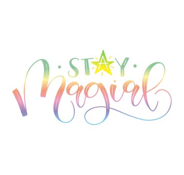 Sihirli kal, karalama yıldızlı çok renkli harfler. Beyaz arkaplanda izole edilmiş gökkuşağı renklerinde metni olan vektör illüstrasyonu.