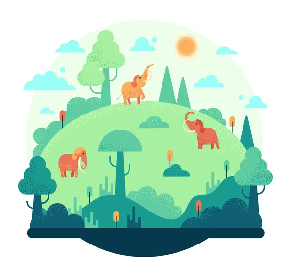 Τρεις ελέφαντες σε ένα πράσινο λιβάδι - επίπεδη απεικόνιση φορέα κινουμένων σχεδίων — Διανυσματικό Αρχείο