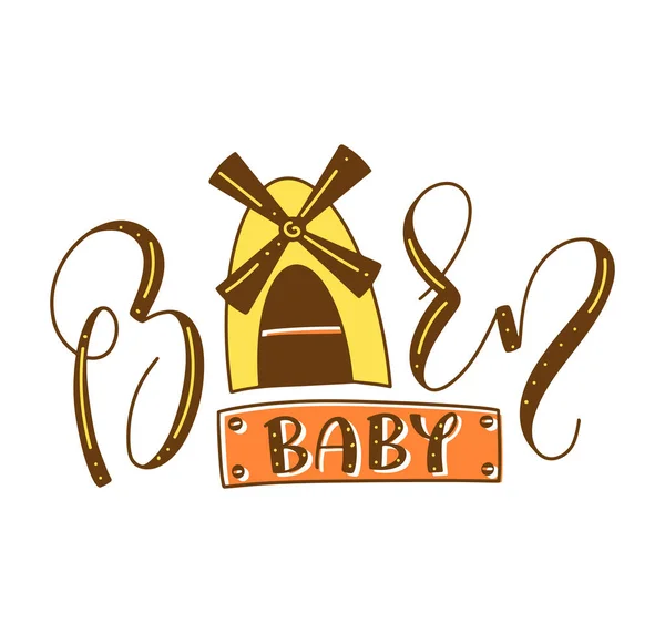 Barn μωρό - χρωματιστά γράμματα με doodle ανεμόμυλο, διανυσματική απεικόνιση. — Διανυσματικό Αρχείο
