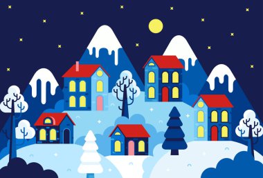 Kırmızı çatıları olan evler, kış gecesi manzarası - düz stil içinde vektör çizgi film panoraması