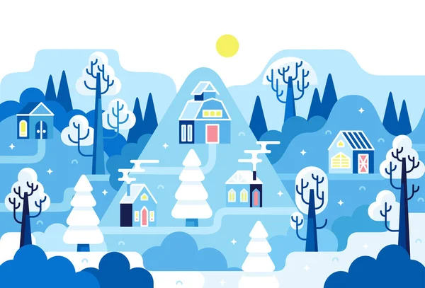 Inverno paisagem dia ensolarado com casas pequenas bonitos e árvores cobertas de neve - ilustração desenho animado vetorial em stile plana — Vetor de Stock