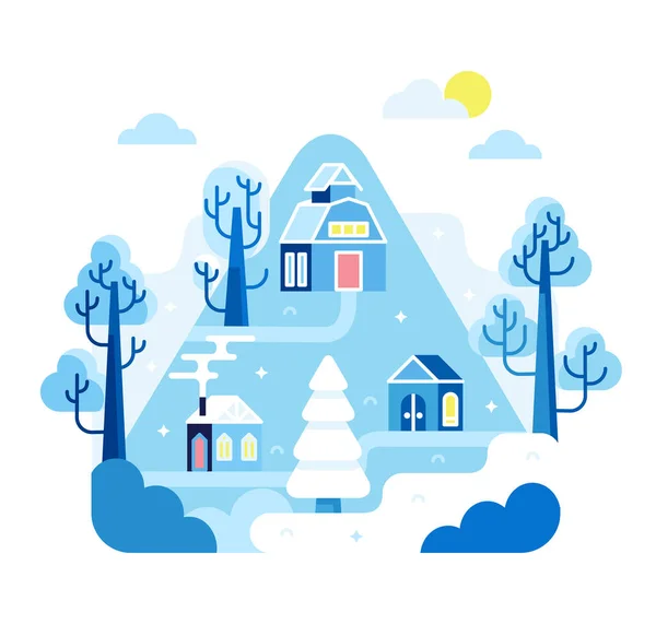 Zimní venkovské domy, horská chalupa, zasněžené budovy v plochém designu - vektorové kreslené ilustrace — Stockový vektor