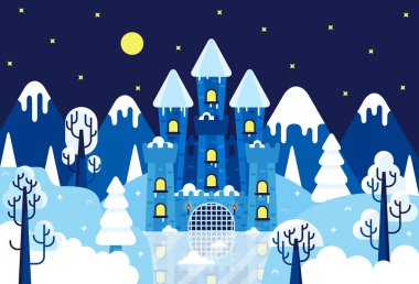 Snow-covered winter castle among mountains and trees - vector cartoon illustration in flat cartoon stile