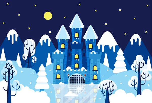 Snow-covered winter castle among mountains and trees - vector cartoon illustration in flat cartoon stile — Stockový vektor