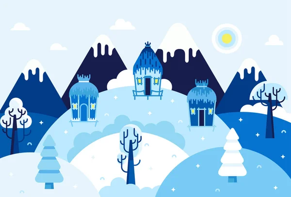 Three huts stand on a snow-covered hill, winter landscape - fields, mountains, trees in the snow - vector cartoon illustration in flat cartoon stile — стоковый вектор