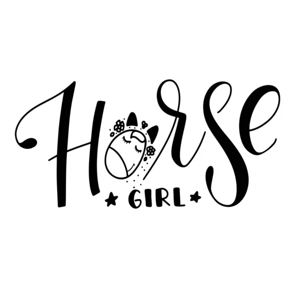 Horse girl - black lettering with doodle horse in flowers, black vector illustration isolated on white background. Vettoriali Stock Royalty Free