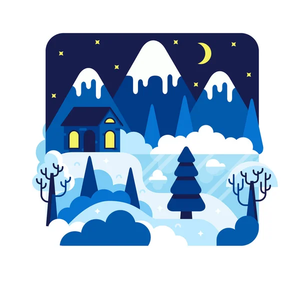 Ilustración vectorial con casa cerca del lago congelado - diseño plano de dibujos animados de invierno — Vector de stock
