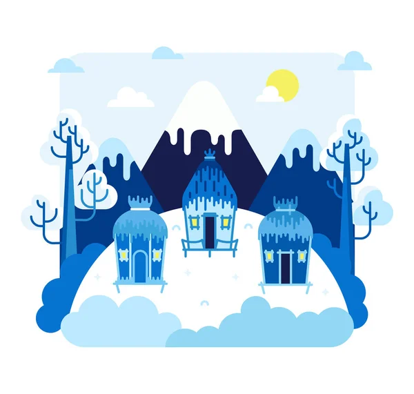 Три хижины на сваях стоят в ледниках - векторная иллюстрация в плоском мультяшном стиле. Деревня, солнце, облака, горы и деревья, покрытые снегом — стоковый вектор