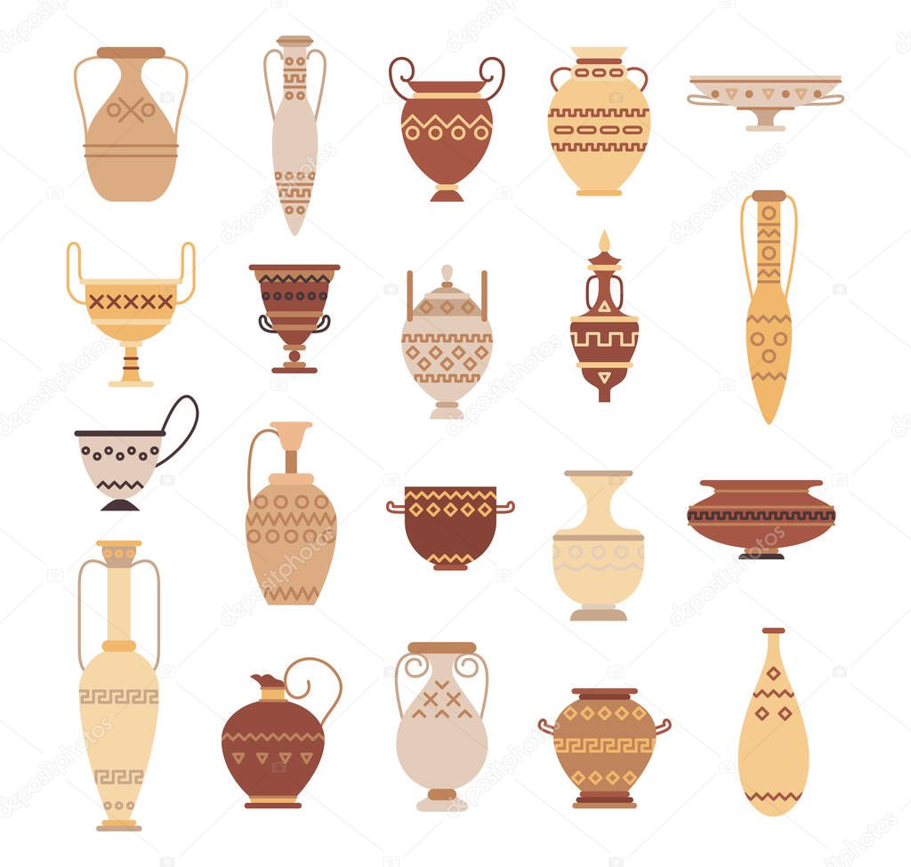 Set of ancient greek pottery isolated on white background - collection of clay pots, vases and amphoras. Flat vector illustration.