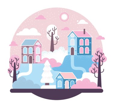 Karla kaplı üç ev, kar yığınlarındaki ağaçlar, kış resmi - vektör karikatür çizimi