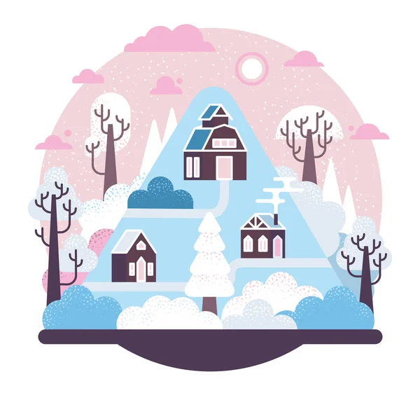 Маленькая деревня на горе - два дома и амбар, заснеженные деревья и снежные заносы - векторная иллюстрация — стоковый вектор