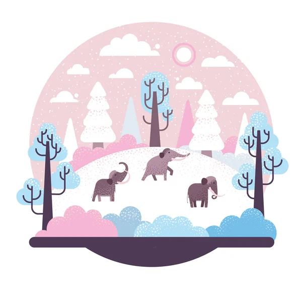 Large woolly mammoth walking on an ice floe- vector illustration with hill, trees in the snow and three prehistoric animals — Stock Vector