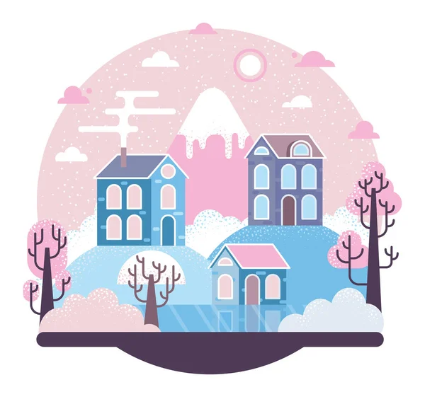 Tres casas en una colina, junto a un lago cubierto de hielo, una montaña con un pico nevado y ventisqueros - ilustración de dibujos animados vectoriales — Vector de stock