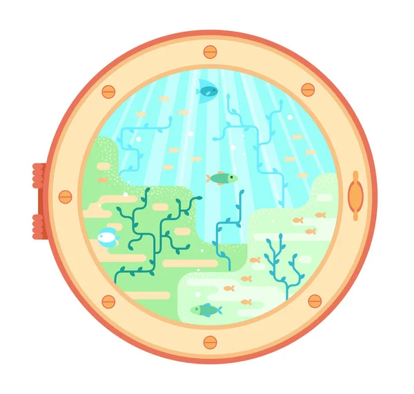 Вид на подводный мир через иллюминатор подводной лодки - экзотический подводный мир с морскими водорослями и водными средами обитания на морском или океанском дне — стоковый вектор