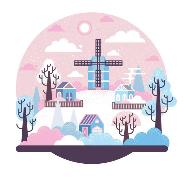 Yel değirmeni ve bir tepedeki üç köy evi, kış sabahı - vektör karikatür çizimi