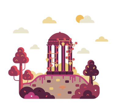 Üzümlerle kaplı koloni eski bir medeniyetin kalıntıları üzerinde duruyor. Düz tasarımda vektör karikatür çizimi.