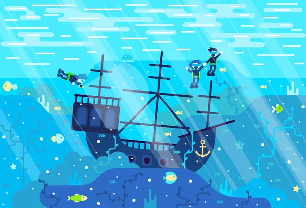 海底のスキューバダイバーは、古代の沈没ボートを探索-フラットスタイルでベクトル漫画イラスト — ストックベクタ