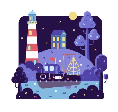 Gece gökyüzü, deniz feneri, balıklı tekne ve tepede küçük ev - düz stile vektör karikatür çizimi