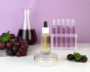 Organik üzüm kozmetiği. Özüt, üzüm tohumu yağı, serum. Üzümler güçlü bir antioksidandır. Soyut kozmetik laboratuvarı.
