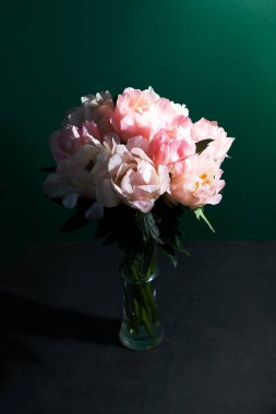 A bouquet of coral peonies in a glass vase on a dark green background. Greeting card