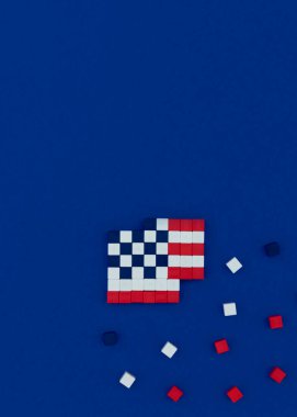 Piksel sanatı tarzında manyetik küplerden yapılmış Amerikan bayrağı. Amerikan bağımsızlık günü konsepti. Üst görünüm, alanı kopyala.