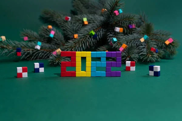 Christmas Composition Fir Tree Branch Colorful Cubes Children Constructor Namber — Stock Photo, Image