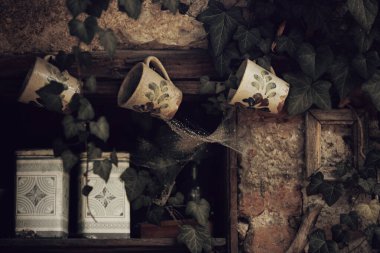 Kırsal bir köyde geleneksel Macar kil vazoları ile dekore edilmiş veranda. Sonbaharda halk tarzı görüntü. 