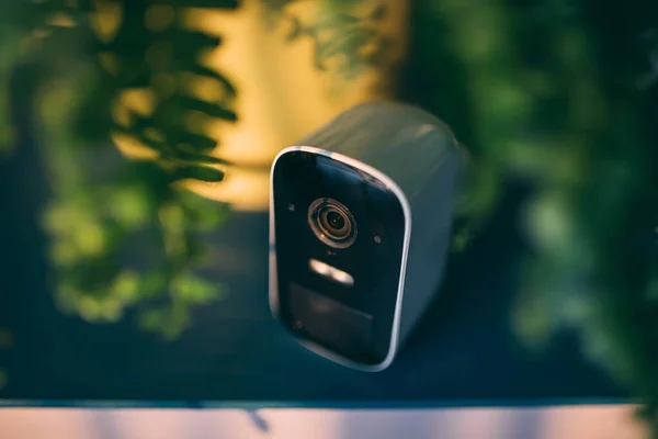 Shallow focus image with surveillance camera near green flower indoors.