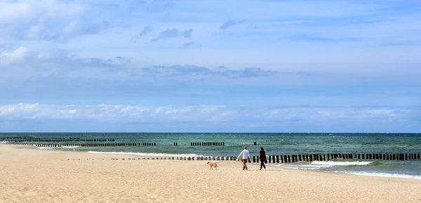 Casal caminhando ao longo de uma praia — Fotografia de Stock