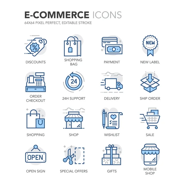 Icônes E-Commerce Ligne Bleue — Image vectorielle