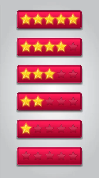 star rating set. Customer feedback sytem. realistic shiny gold stars in front of red rectangle modern vector illustration
