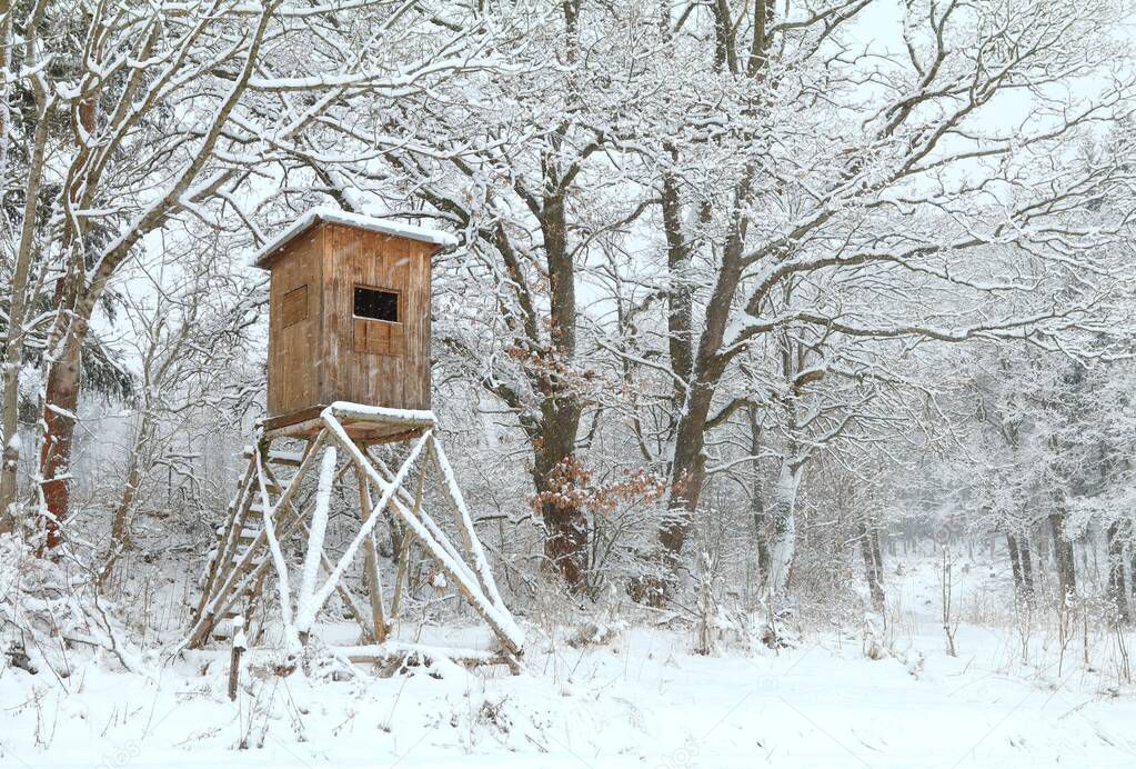 Wooden hunting pulpit in winter