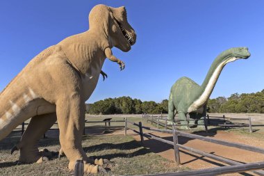 Teksas / ABD - 13 Mart 2018: Dinozor Vadisi Eyalet Parkı 'nda iki dinozor figürü. Büyük T-Rex ve Apatosaurus heykelleri dışarıda..