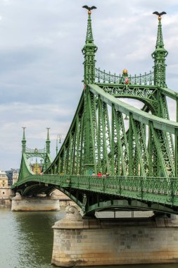 Budapeşte, Macaristan - 30 Ağustos 2014: Turul Kuş Heykelleri ve Tuna Nehri üzerindeki Süslü Yeşil Demir Kuleler ile Özgürlük Köprüsü. Macaristan Tarihi Yer