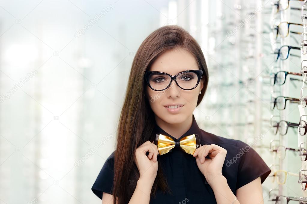 Elegant Bowtie Woman with Cat Eye Frame Glasses in Optical Store