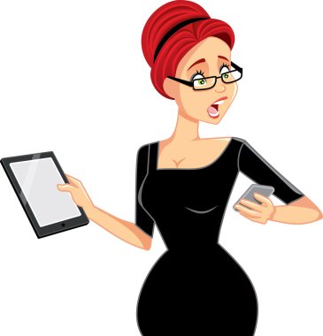 Smartphone ve Tablet vektör karikatür ile meşgul iş kadını