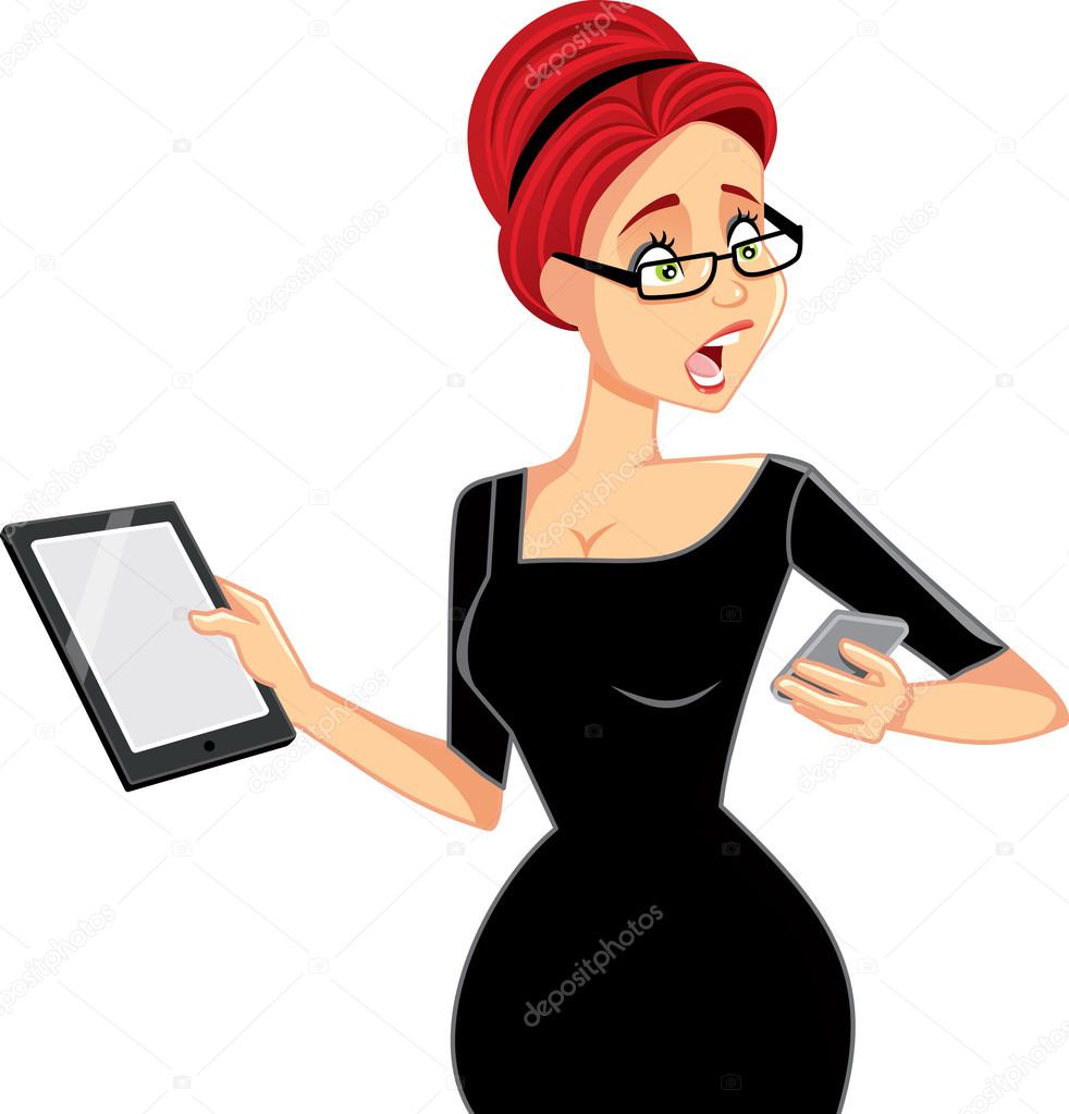 Busy Businesswoman with Smartphone and Tablet Vector Cartoon
